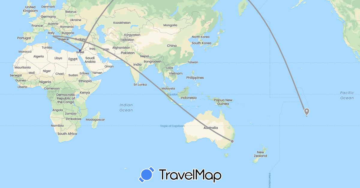 TravelMap itinerary: driving, plane, boat in Australia, France, Israel, Italy (Asia, Europe, Oceania)